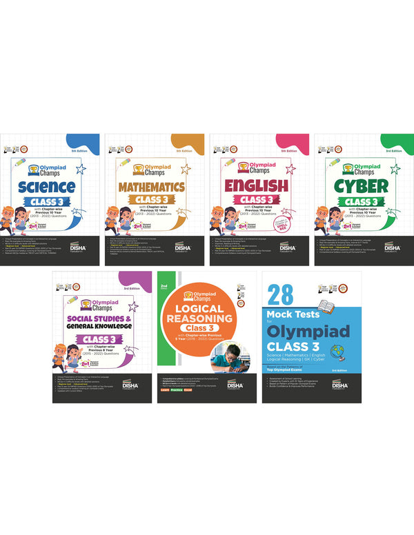 Olympiad Champs Science, Mathematics, English, Logical Reasoning, Cyber & GK Class 3 with Previous Year Questions & 28 Mock Tests (set of 7 books) 3rd Edition