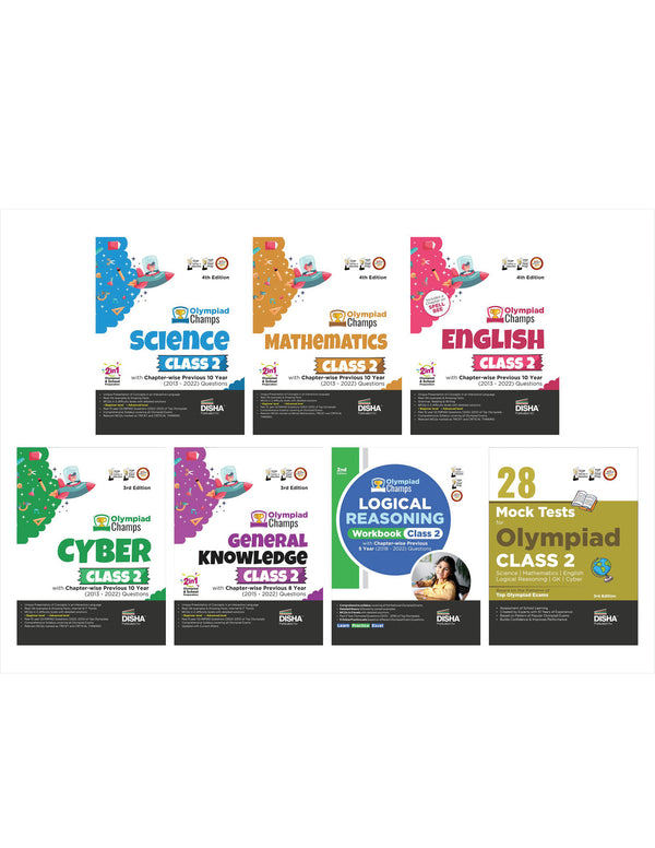 Class 2 Olympiad Champs Combo (set of 7 books) Science, Mathematics, English, Logical Reasoning, Cyber & GK with 28 Mock Tests 3rd Edition | Chapter-wise Previous 10 Year (2013 - 2022) Questions