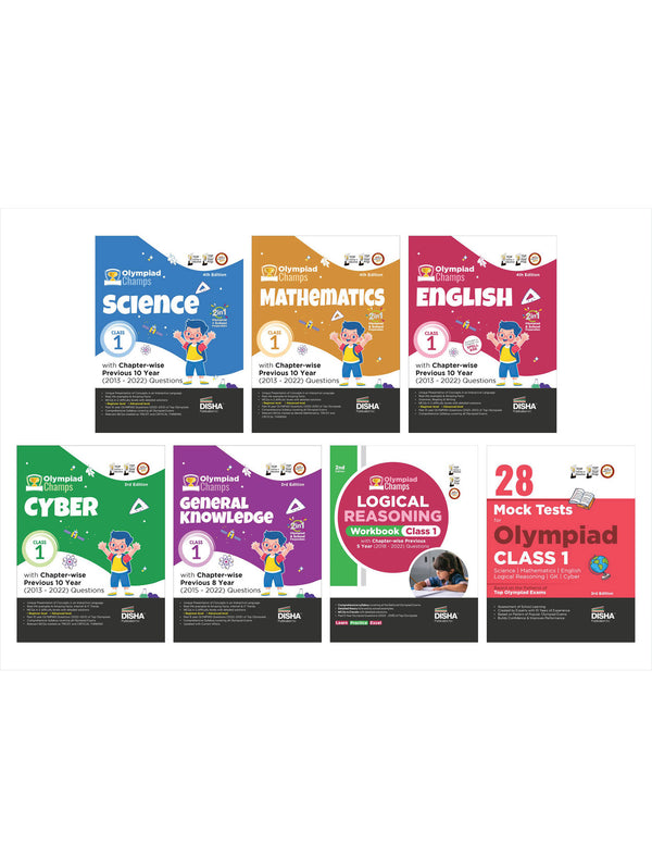 Class 1 Olympiad Champs Combo (set of 7 books) Science, Mathematics, English, Logical Reasoning, Cyber & GK with 28 Mock Tests 3rd Edition | Chapter-wise Previous 10 Year (2013 - 2022) Questions