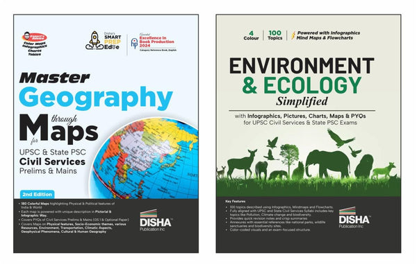Disha Combo (2 Books) Master Geography through Maps with Environment & Ecology Simplified for UPSC & State PSC Civil Services Prelim & Main Exams | 4 color | PYQs, Infographics, Charts & Tables