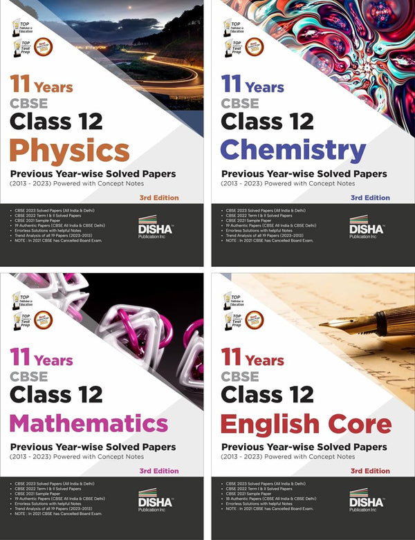 Combo (set of 4 Books) 11 Years CBSE Class 12 Physics, Chemistry, Mathematics & English Core Previous Year-wise Solved Papers (2013 - 2023) powered ... 3rd Edition | PYQs Past Year Questions