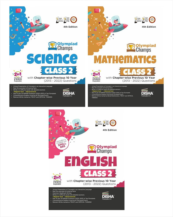 Class 2 Olympiad Champs Combo (set of 3 books) Science, Mathematics, English with Chapter-wise Previous 10 Year (2013 - 2022) Questions 4th Edition | Complete Prep Guide with Theory, PYQs, Past & Practice Exercise