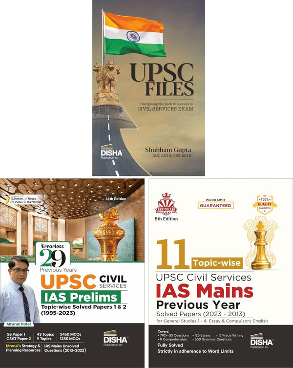 Civil Services Exam Essential Combo (set of 3 Bestseller Books) - UPSC Files with IAS Prelim & Main Topic-wise Previous Year Solved Papers - 29 Year Prelims & 11 Year Mains Questions