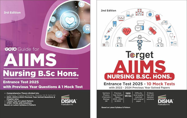 Crack AIIMS Nursing B.Sc. Hons. Entrance Test 2025 - Study Material with PYQs & 10 Mock Tests | Physics, Chemistry, Biology, General Knowledge & Aptitude