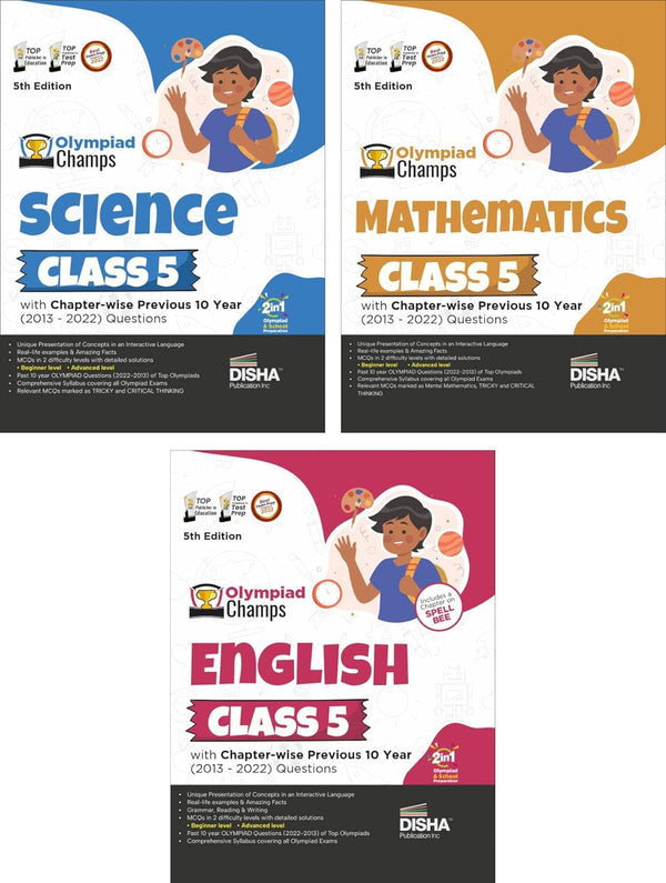 Olympiad Champs Science, Mathematics, English Class 5 with Past Questions 5th Edition (set of 3 books) Disha Experts