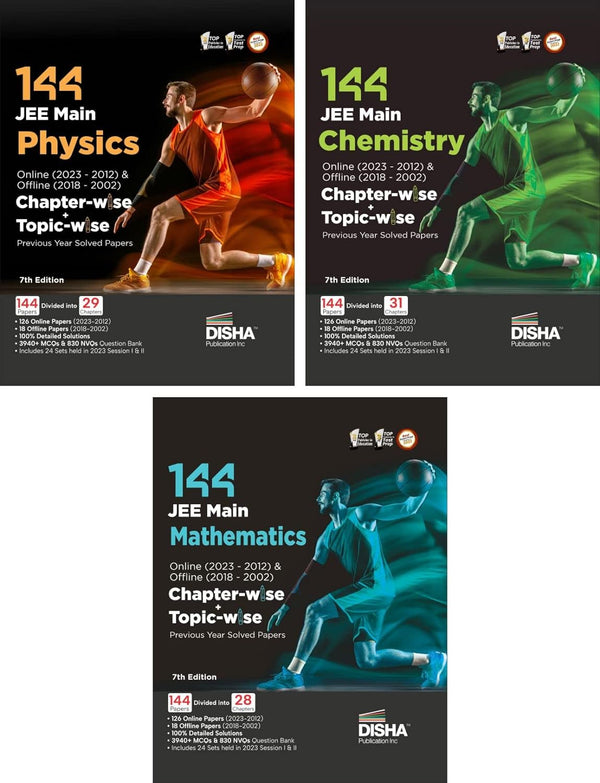 Disha 144 JEE Main Online (2023-2012) & Offline (2018-2002) Physics,Chemistry & Mathematics Chapter-wise+Topic-wise Previous Years Solved Papers 7th Edition NCERT Chapterwise PYQ Question Bank