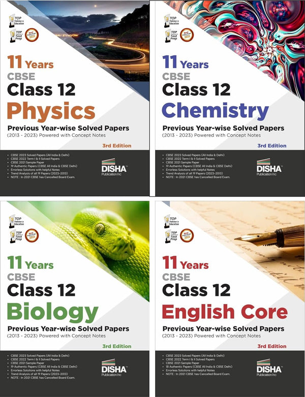 Combo (set of 4 Books) 11 Years CBSE Class 12 Physics, Chemistry, Biology & English Core Previous Year-wise Solved Papers (2013 - 2023) powered with ... 3rd Edition | PYQs Past Year Questions | Disha Experts