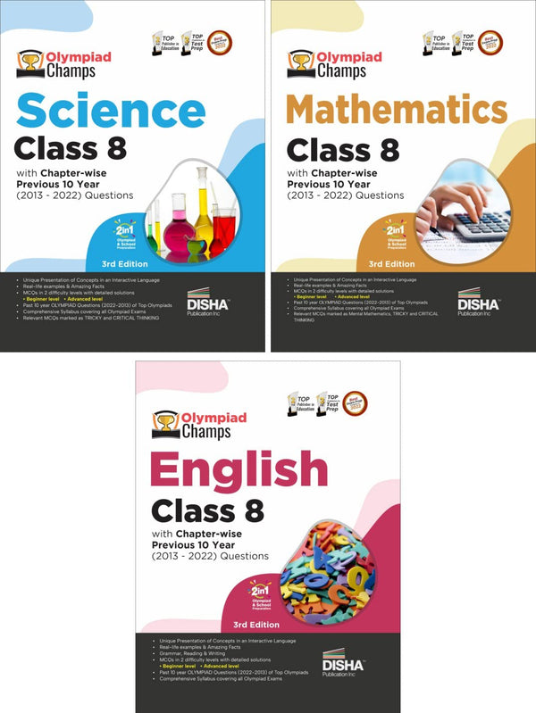 Olympiad Champs Science, Mathematics, English Class 8 with Past Questions 5th Edition (Set of 3 Books)