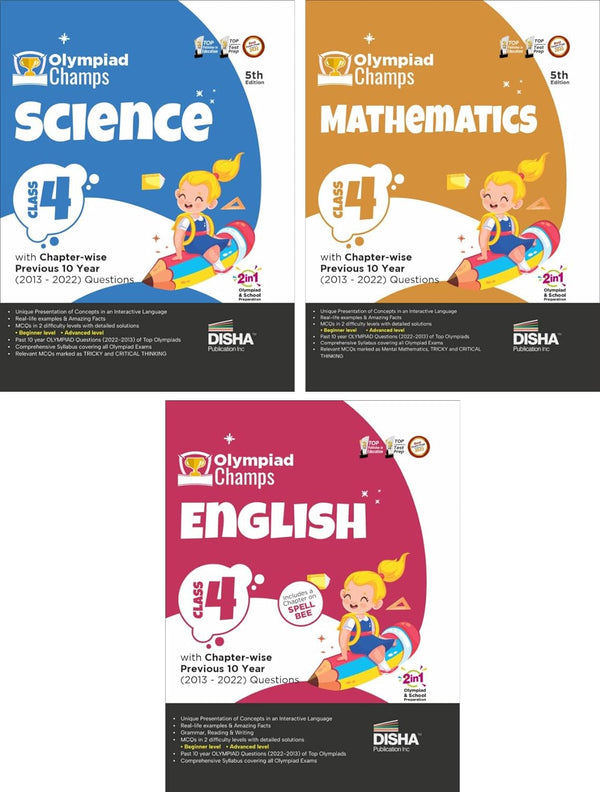 Olympiad Champs Science, Mathematics, English Class 4 with Past Questions 5th Edition (set of 3 books)