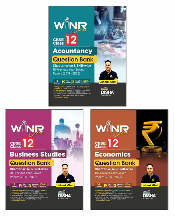Disha WINR Series Combo (3 Books) CBSE Class 12 Accountancy, Business Studies & Economics Question Bank Chapter-wise & Skill-wise 10 Previous Year Solved Papers (2016 - 2025) | PYQs for 2026 Exam
