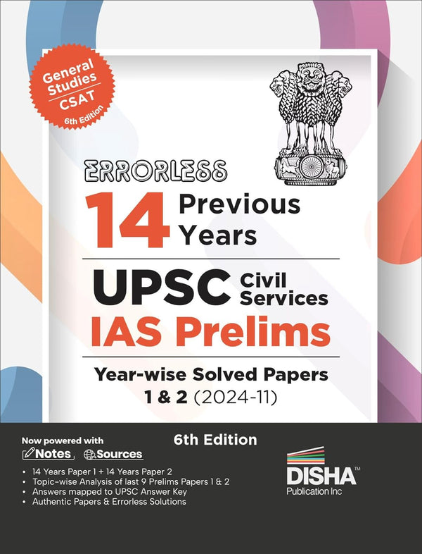 Errorless 14 Previous Years UPSC Civil Services IAS Prelims Year-wise Solved Papers 1 & 2 (2024 - 11) 6th Edition | General Studies & Aptitude (CSAT) Original PYQs Papers