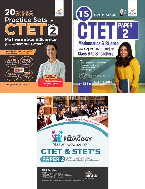 Combo (set of 3 Books) CTET Paper 2 Mathematics & Science - One Liner Pedagogy Master Course with Past 15 Year-wise Solved Papers & 20 Practice Sets - 2nd Edition | Central Teaching Eligibility Test