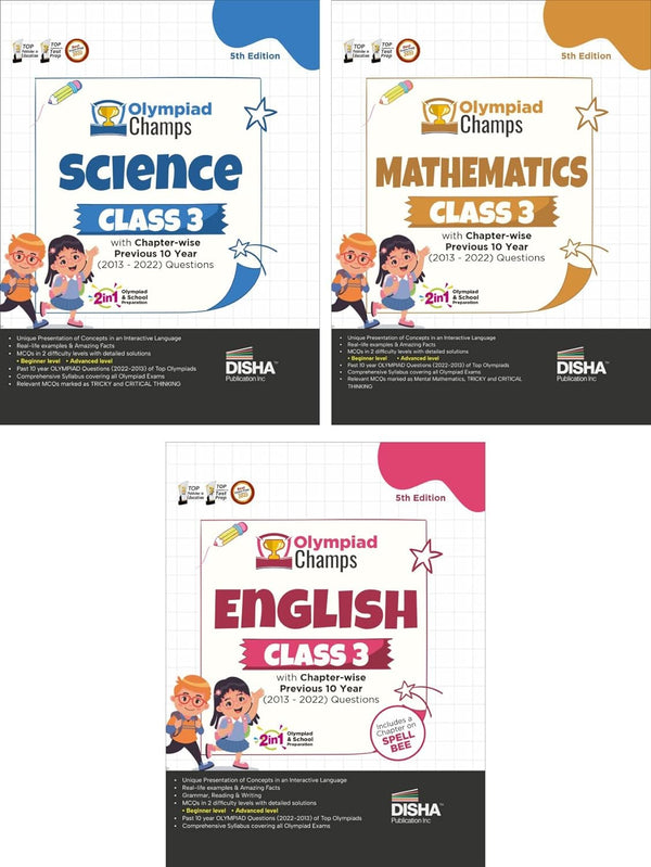 Olympiad Champs Science, Mathematics, English Class 3 with Previous 10 Year (2013 - 2022) Questions 5th Edition (set of 3 books)