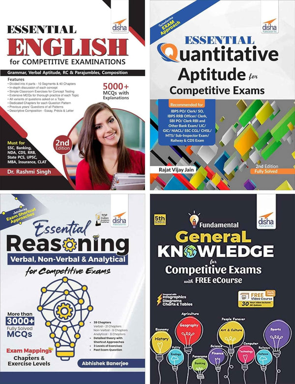 Essential Quantitative Aptitude, Reasoning, English & General Knowledge for Competitive Exams - set of 4 Books