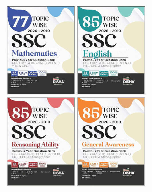Disha Combo (4 Books) 85 Topic-wise 2025 - 2010 SSC Mathematics, Engli ...