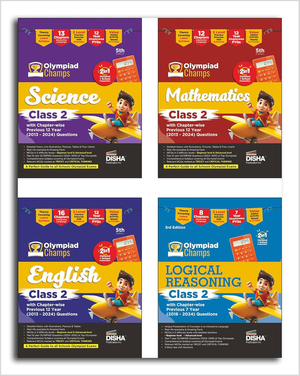 Disha Combo Class 2 (set of 4 books) Olympiad Champs Science, Mathematics, English & Logical Reasoning with Chapter-wise Previous 12 Year (2013 - 2024) Questions 5th Edition