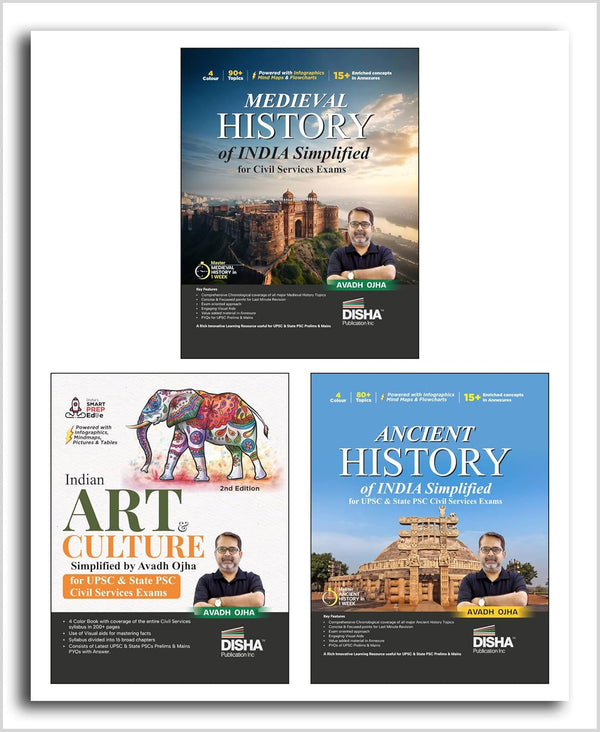 Combo (set of 3 Books) Ancient, Medieval, Art & Culture Simplified by Avadh Ojha for UPSC & State PSC Civil Services Prelims & Mains | Powered with Infographics, Mindmaps, Pictures & Tables