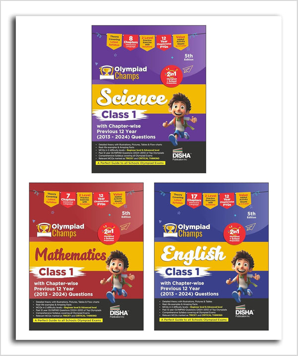 Disha Combo Class 1 (set of 3 books) Olympiad Champs Science, Mathematics, English with Chapter-wise Previous 12 Year (2013 - 2024) Questions 5th Edition