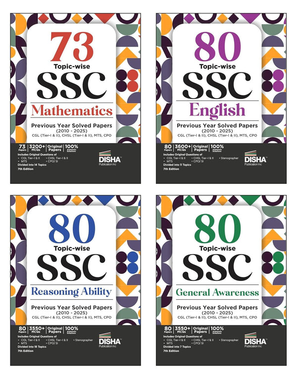 Combo (set of 4 Books) 80 Topic-wise 2025 - 2010 SSC Mathematics, English, Reasoning & General Awareness Solved Papers - CGL (Tier I & II), CHSL (Tier I & II), MTS, CPO & Stenographer 7th Edition