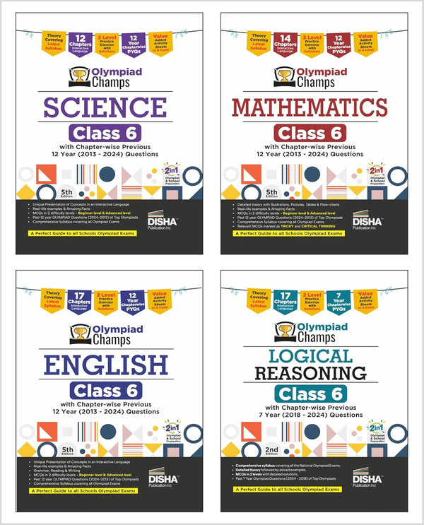 Combo Class 6 (set of 4 books) Olympiad Champs Science, Mathematics, English & Logical Reasoning with Chapter-wise Previous 12 Year (2013 - 2024) Questions