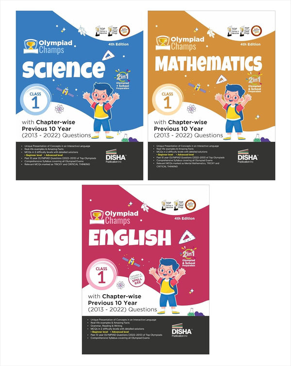 Class 1 Olympiad Champs Combo (set of 3 books) Science, Mathematics, English with Chapter-wise Previous 10 Year (2013 - 2022) Questions 4th Edition | Complete Prep Guide with Theory, PYQs, Past & Practice Exercise