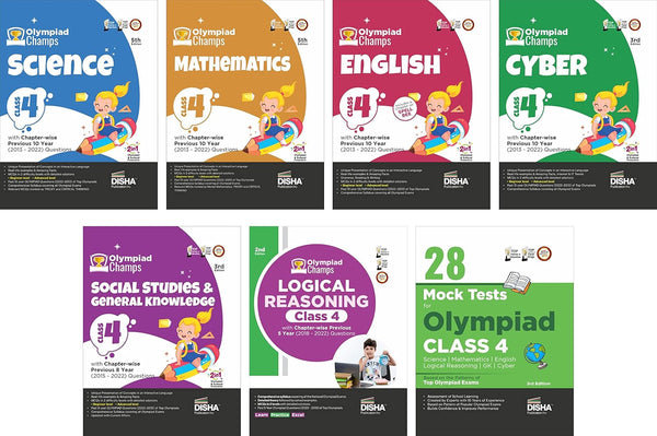 Olympiad Champs Science, Mathematics, English, Logical Reasoning, Cyber & GK Class 4 with 28 Mock Tests (set of 7 books) 3rd Edition Disha Experts