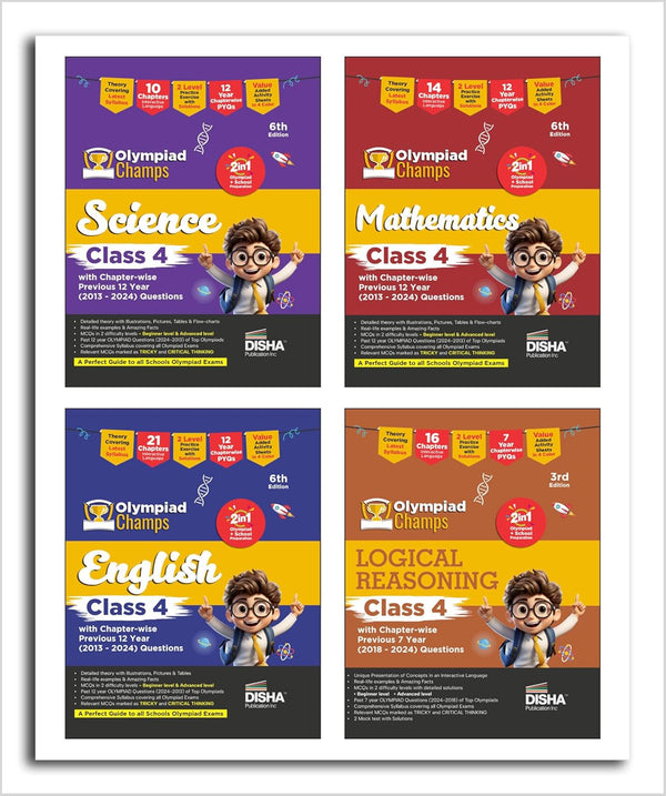 Disha Combo Class 4 (set of 4 books) Olympiad Champs Science, Mathematics, English & Logical Reasoning with Chapter-wise Previous 12 Year (2013 - 2024) Questions