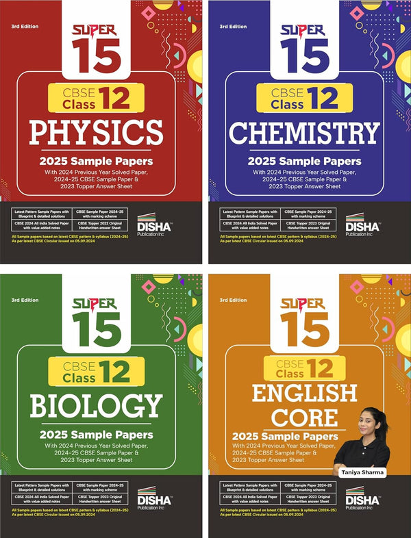 Combo of Super 15 CBSE Class 12 Physics, Chemistry, Biology & English Core 2025 Sample Papers | 2024 Solved Papers | Topper Answer Sheet 3rd Edition | Solutions with marking scheme |