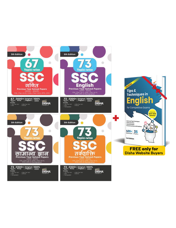 Combo (set of 4 Books) 73 Topic-wise SSC Ganit, English, Tarkshakti & Samanya Gyan Previous Year Solved Papers (2010 - 2023) - CGL (Tier I & II), CHSL (Tier I & II) MTS, CPO 5th Edition