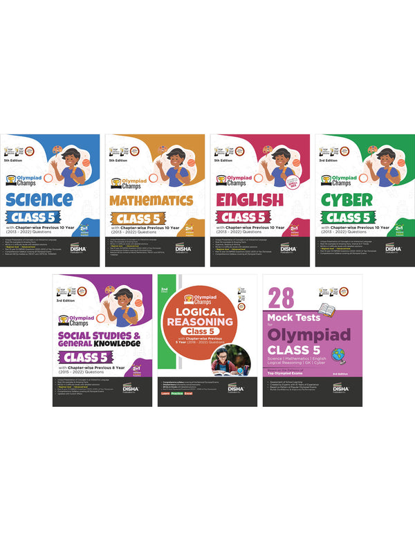 Olympiad Champs Science, Mathematics, English, Logical Reasoning, Cyber & GK Class 5 with 28 Mock Tests (set of 7 books) 3rd Edition Disha Experts
