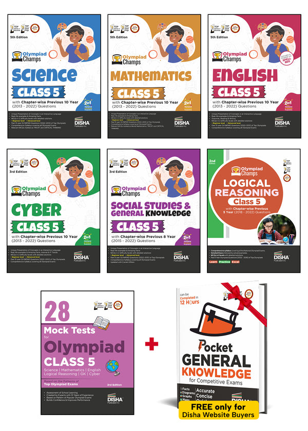 Olympiad Champs Science, Mathematics, English, Logical Reasoning, Cyber & GK Class 5 with 28 Mock Tests (set of 7 books) 3rd Edition Disha Experts