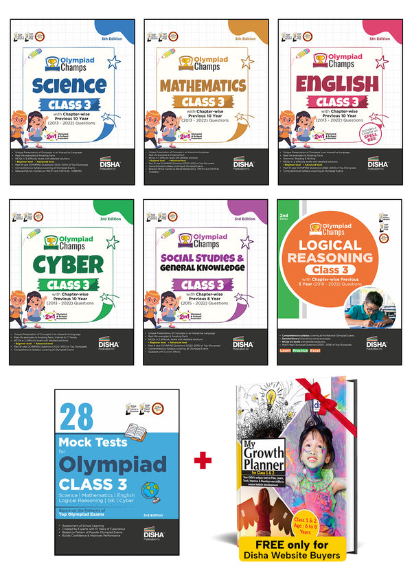 Olympiad Champs Science, Mathematics, English, Logical Reasoning, Cyber & GK Class 3 with Previous Year Questions & 28 Mock Tests (set of 7 books) 3rd Edition