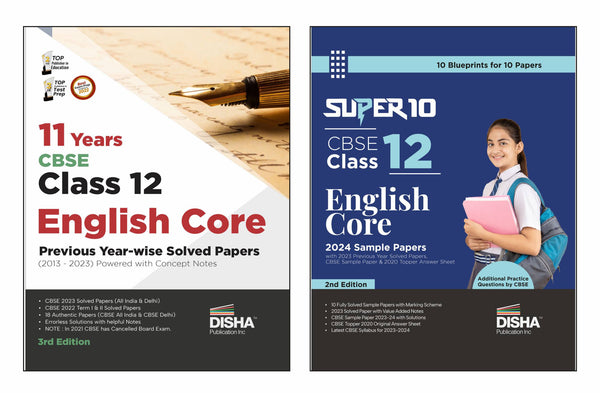 Disha Combo (set of 2 Books) 11 Previous Year-wise Solved Papers & Super 10 Sample Papers for CBSE 2024 Class 12 English Core | CBSE PYQs & Sample Paper & 2020 Topper Answer Sheet | Solutions with marking scheme |