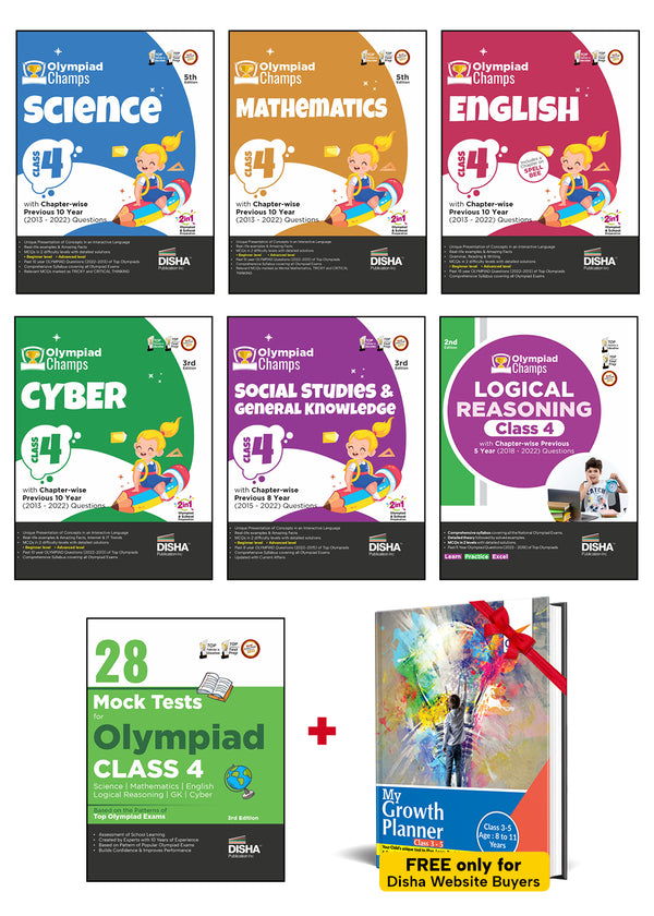 Olympiad Champs Science, Mathematics, English, Logical Reasoning, Cyber & GK Class 4 with 28 Mock Tests (set of 7 books) 3rd Edition Disha Experts