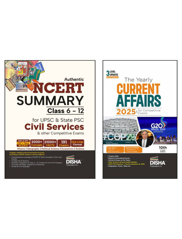 Combo (set of 2 Books) NCERT Summary Class 6 to 12 with Yearly Current Affairs 2025 for Competitive Exams | General Studies/ Knowledge, GK | UPSC, State PSC, CUET, SSC, Bank PO/ Clerk, NDA, CDS, CAPF