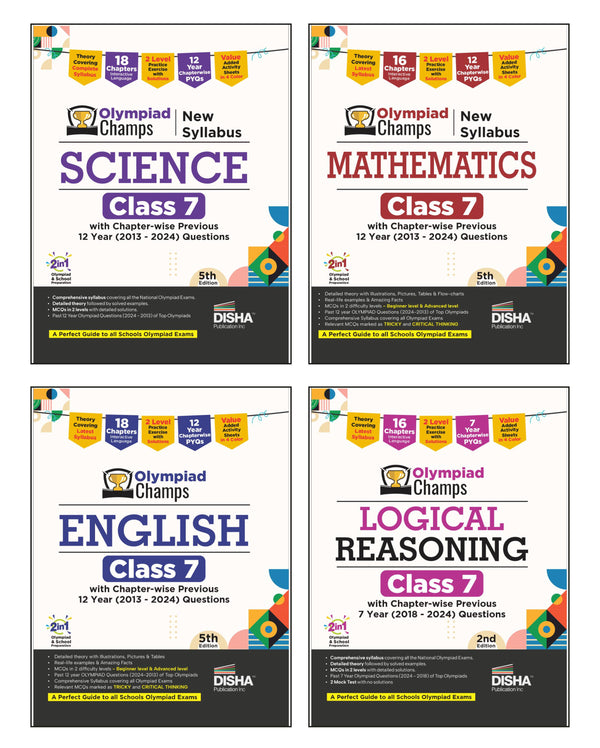 Disha Combo (4 books) Olympiad Champs Class 7 Science, Mathematics, English & Logical Reasoning with Chapter-wise Previous 12 Year (2013 - 2024) Questions | 2026 Exam