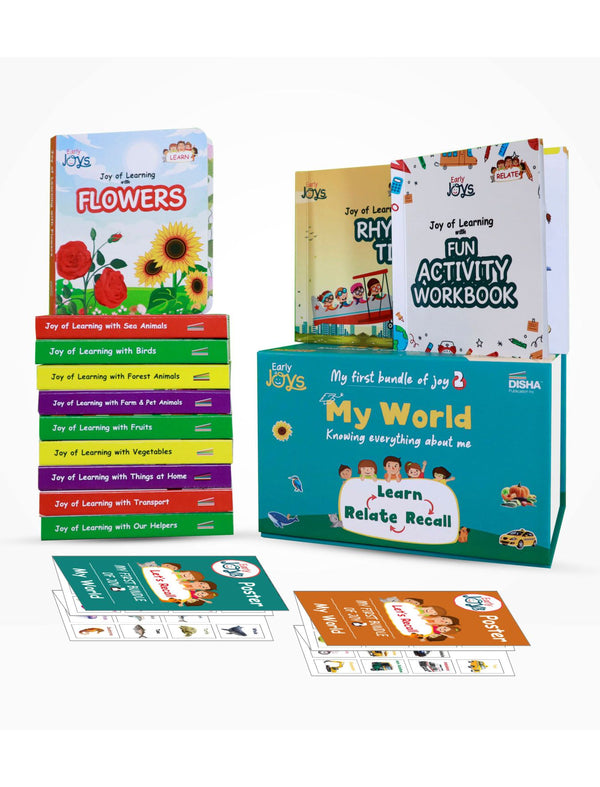 Early Joys - My First Bundle of Joy Theme 2 - MY WORLD, Children Ages 1 to 5 | Learn, Recall & Relate | Kids Mini Library Gift Boxset - 10 Board, 2 Activity/ Rhyme Books & 2 Charts packed in a Utility Box for Moms