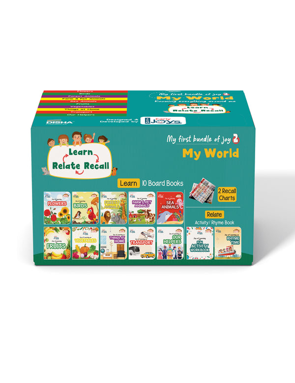 Disha Premium Gift Box Set for 1 - 5 Year Kids/ Children - Early Joys - My First Bundle of Joy 2 - MY WORLD | Learn, Recall, Relate | 10 Board, 2 Activity Books & 2 Charts in a Utility Box | Mini Library