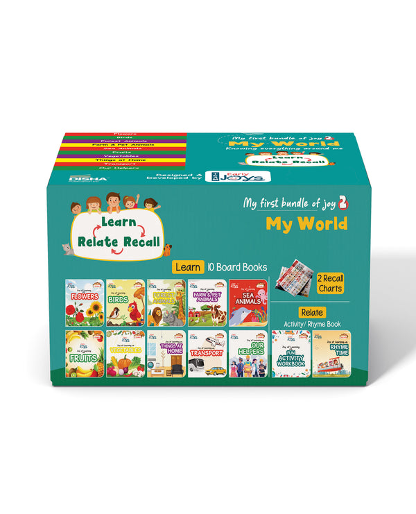 Disha Premium Gift Box Set for 1 - 5 Year Kids/ Children - Early Joys - My First Bundle of Joy 2 - MY WORLD | Learn, Recall, Relate | 10 Board, 2 Activity Books & 2 Charts in a Utility Box | Mini Library