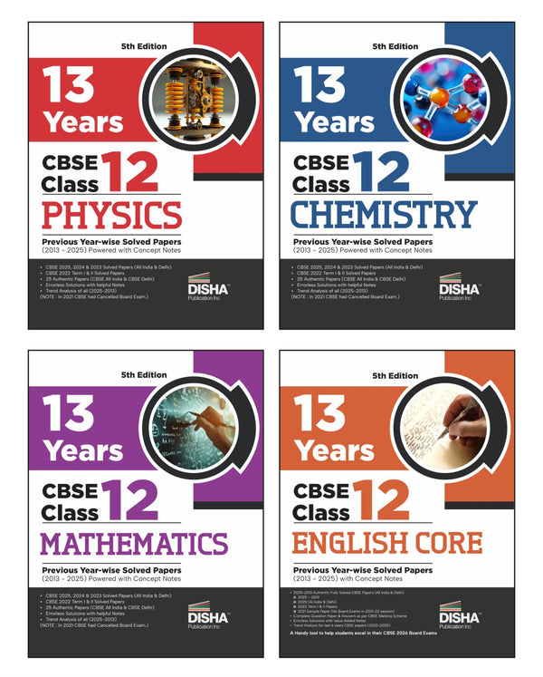 Disha Combo (4 Books) 13 Years CBSE Class 12 Solved Physics, Chemistry, Mathematics & English Core Previous Year-wise Question Papers (2013 - 2025) 4th Edn | PYQs | 2026 CBSE Question Bank Class 12