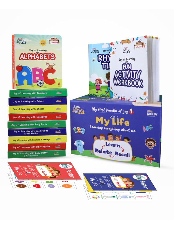 Early Joys - My First Bundle of Joy Theme 1 - MY LIFE, Children Ages 1 to 5 | Learn, Recall & Relate | Kids Mini Library Gift Boxset - 10 Board, 2 Activity/ Rhyme Books & 2 Charts packed in a Utility Box for Moms