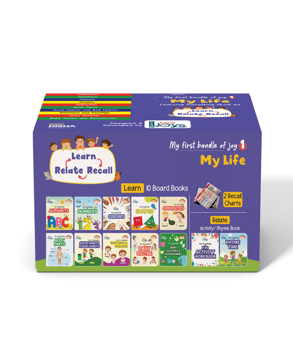 Disha Premium Gift Box Set for 1 - 5 Year Kids/ Children - Early Joys - My First Bundle of Joy 1 - MY LIFE | Learn, Recall, Relate | 10 Board, 2 Activity Books & 2 Charts in a Utility Box | Mini Library