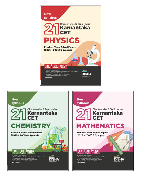 Disha Combo (3 Books) 21 Chapter-wise & Topic-wise Karnataka CET Physics, Chemistry & Mathematics Previous Year Solved Papers (2025 - 2005) & Synopsis 3rd Edition| KCET PYQs Question Bank | 2026 Exam