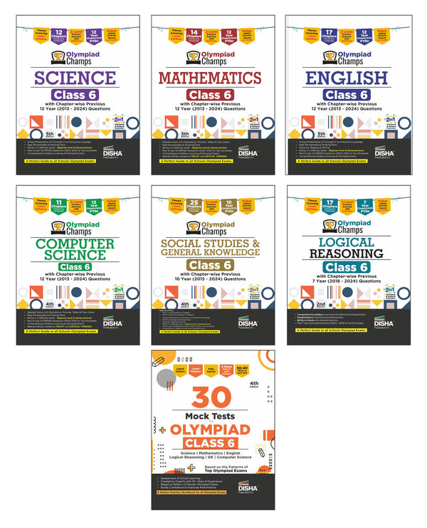 Disha Combo Class 6 (set of 7 books) Olympiad Champs Science, Mathematics, English, Logical Reasoning, Computer Science (Cyber) & GK with 30 Mock Tests 4th Edition