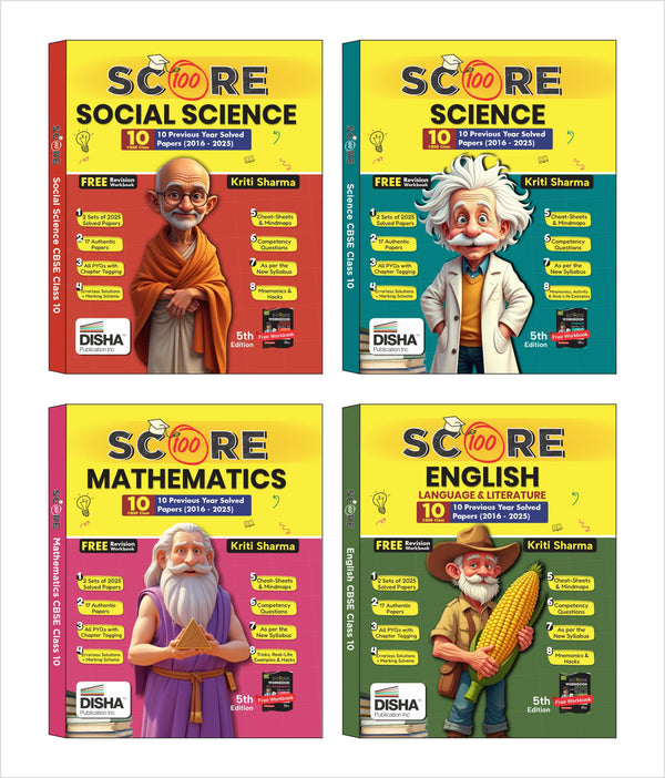 Disha Combo (set of 5 Books) Score 100 Science, Mathematics (Standard), Social Science, Hindi B, English Language & Literature CBSE Class 10 - 10 Previous Year-wise Solved Papers (2016 - 2025) | 2026 Exam