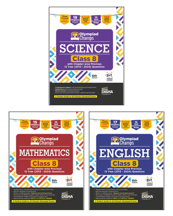 Disha Combo (3 books) Olympiad Champs Science, Mathematics, English Class 8 with Past 12 Year Questions with Chapter-wise Previous 12 Year (2013 - 2024) Questions 6th Edition | 2026 Exam