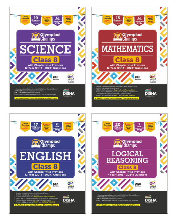 Disha Combo Class 8 (set of 4 books) Olympiad Champs Science, Mathematics, English & Logical Reasoning with Chapter-wise Previous 12 Year (2013 - 2024) Questions | 2026 Exam
