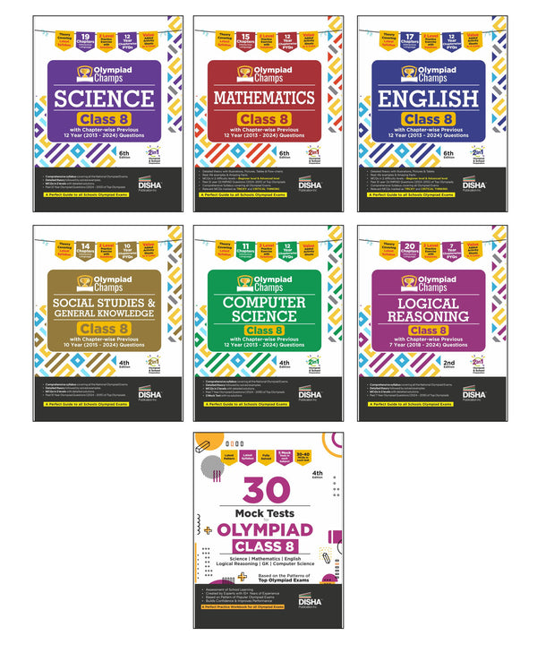 Disha Combo (7 books) Olympiad Champs Science, Mathematics, English, Computer Science, Logical Reasoning & Social Studies/ GK Class 8 with 30 Mock Tests 6th Edition | 2026 Exam