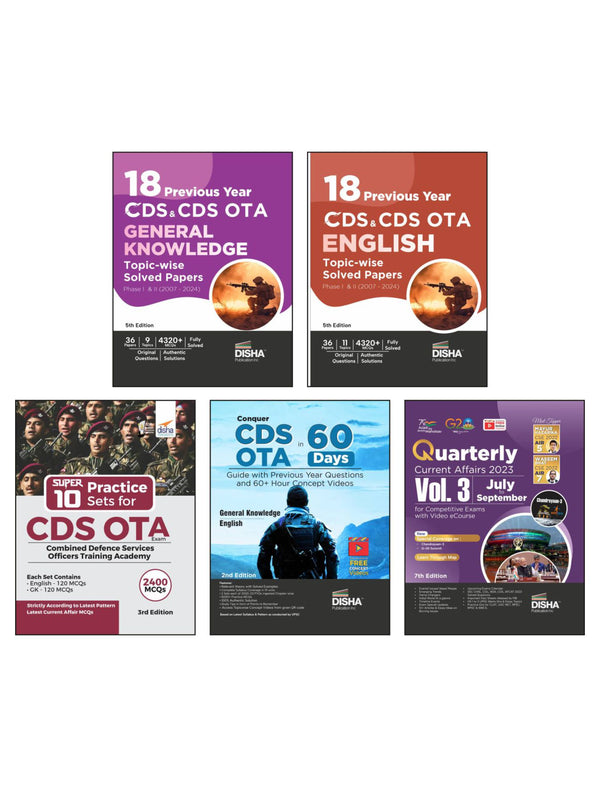 Combo (set of 5 Books) CDS OTA Study Package - English & General Knowledge Guide with 18 Topic-wise Previous Year Solved Papers (2007 - 2024) Phase I & II & Free Quarterly Magazine Issue 3rd Edition | Combined Defence Services PYQs