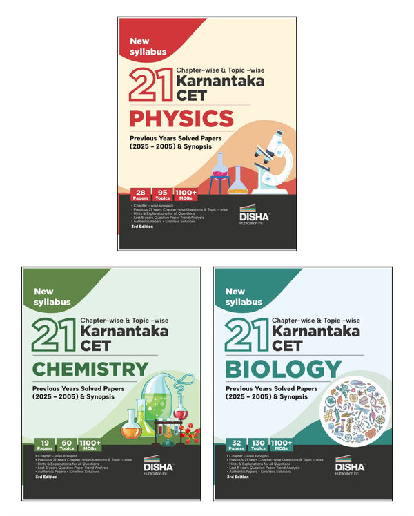 Disha Combo (3 Books) 21 Chapter-wise & Topic-wise Karnataka CET Physics, Chemistry & Biology Previous Year Solved Papers (2025 - 2005) & Synopsis3rd Edition | KCET PYQs Question Bank | 2026 B. Pharma & B.Sc.